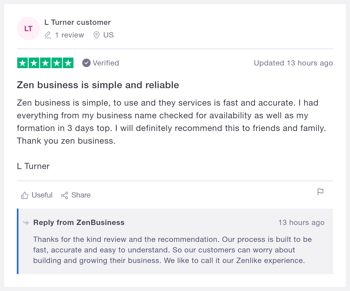 Customer Experiences of ZenBusiness. via trustpilot.com